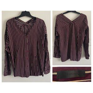 Indibrand Maroon Red White Striped Button Down Shirt Top 20442